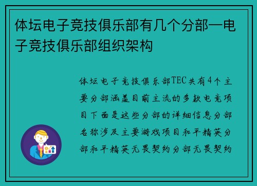 体坛电子竞技俱乐部有几个分部—电子竞技俱乐部组织架构